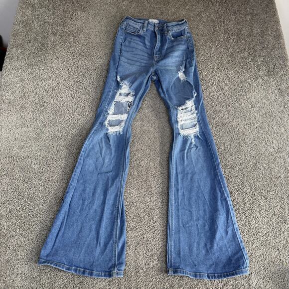 Cello Jeans Womens 3 Blue Medium Wash High Rise Distressed Flare Stretch Denim - Picture 2 of 13